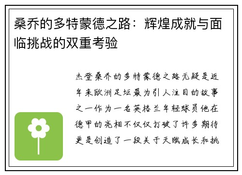 桑乔的多特蒙德之路：辉煌成就与面临挑战的双重考验