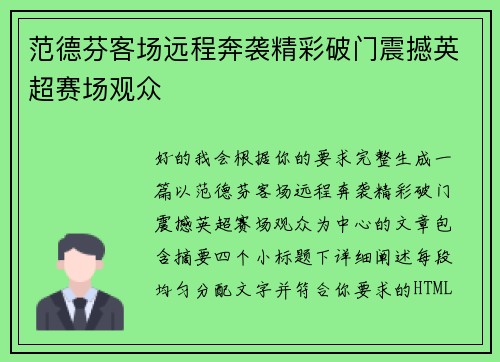 范德芬客场远程奔袭精彩破门震撼英超赛场观众