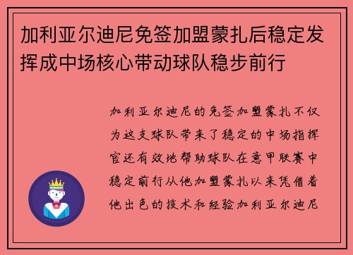 加利亚尔迪尼免签加盟蒙扎后稳定发挥成中场核心带动球队稳步前行
